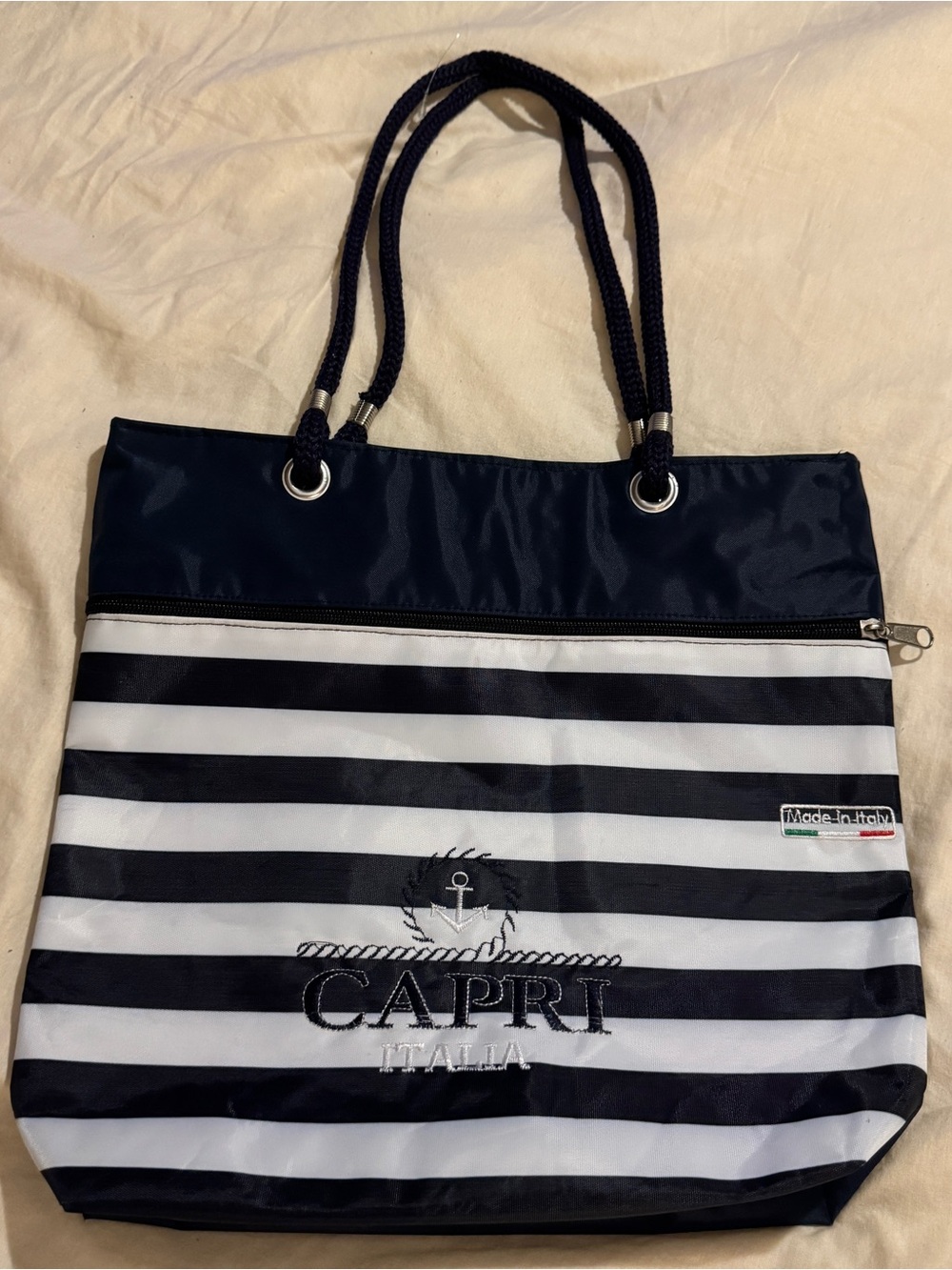 Capri Italia Nautical Striped Beach Tote Bag Navy White Rope Handles Italy